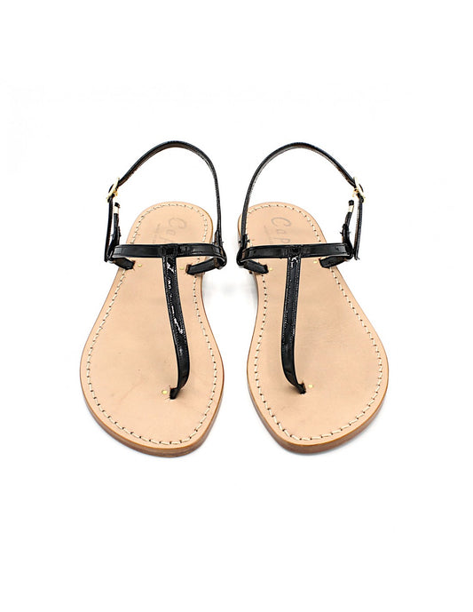 Sandali Artigianali da donna in pelle vernice nero e cuoio