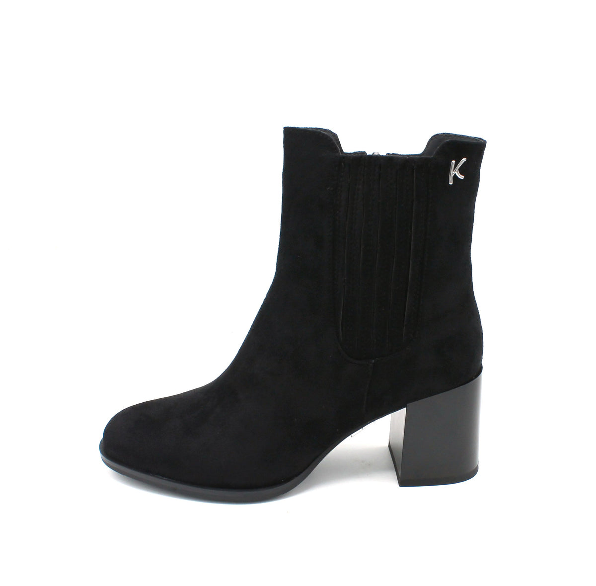 Stivaletto donna Keys nero effetto scamosciato con tacco largo e inserto elastico, vista di tre quarti.