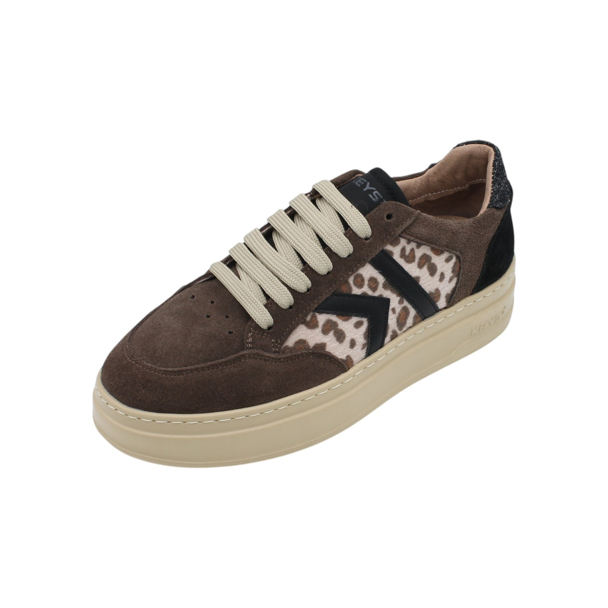 Scarpe KEYS donna in camoscio marrone con inserti animalier e suola color crema
